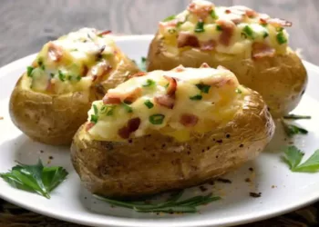 Cartofi la cuptor umpluți cu cașcaval topit și bacon