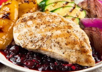 Pui la grătar cu legume și sos de cireșe