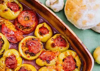 Ardei la cuptor umpluți cu quinoa și legume în sos de roșii