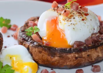 Aperitiv de ou pe pat de ciuperci asezonat cu șunculiță și legume