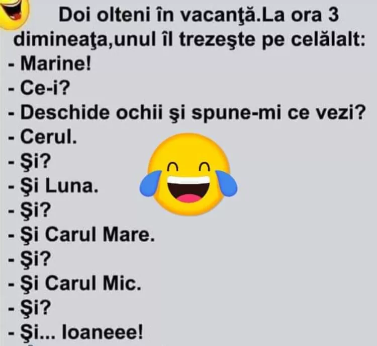 Doi olteni în vacanță. La ora 3 dimineața, unul îl trezește pe celălalt: