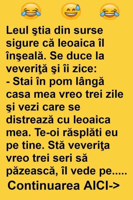 Leul ştia că leoaica îl înşală. Îi zice la veveriţă: „Stai în pom şi vezi cu care mă înşeală leoaica mea”