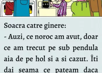 Soacra catre ginere: – Auzi, ce noroc am avut, doar ce am trecut pe sub pendula aia de pe hol si a si cazut. iti dai seama ce pateam daca eram acolo?