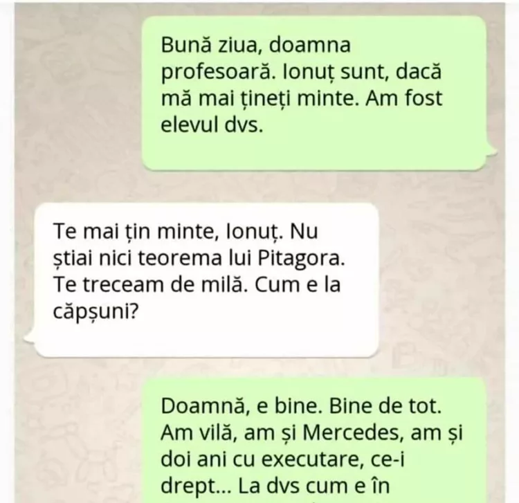 Bună ziua, doamnă profesoară. Ionuț sunt, dacă mă mai țineți minte. Am fost elevul dumneavoastră