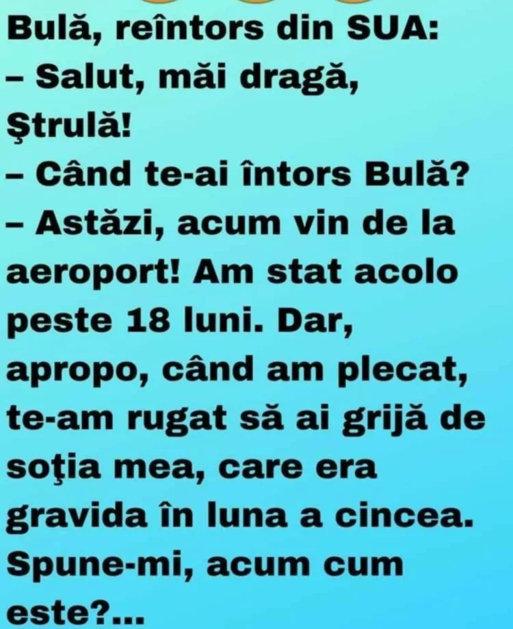 Bulă, reîntors din SUA: – Salut, măi dragă, Ştrulă!– Când te-ai întors Bulă?– Astăzi, acum vin de la aeroport! Am stat acolo peste 18 luni. Dar, apropo, când am plecat, te-am rugat să ai grijă de soţia mea..