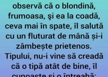 Un tip sta la coada intr-un mol cand deodata observa ca o blonda frumoasa…