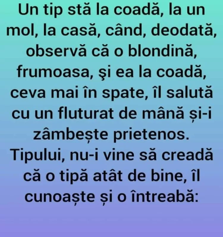 Un tip sta la coada intr-un mol cand deodata observa ca o blonda frumoasa…