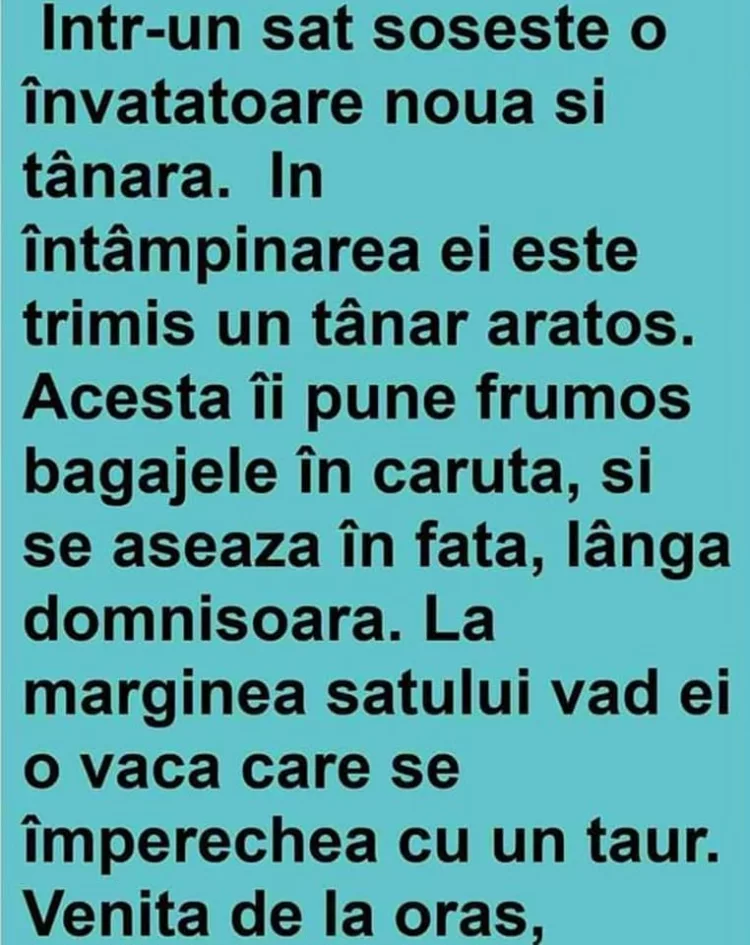 Intr-un sat soseste o învatatoare noua si tânara. In întâmpinarea ei este trimis un tânar aratos. Acesta îi pune frumos bagajele în caruta, si se aseaza în fata, lânga domnisoara.