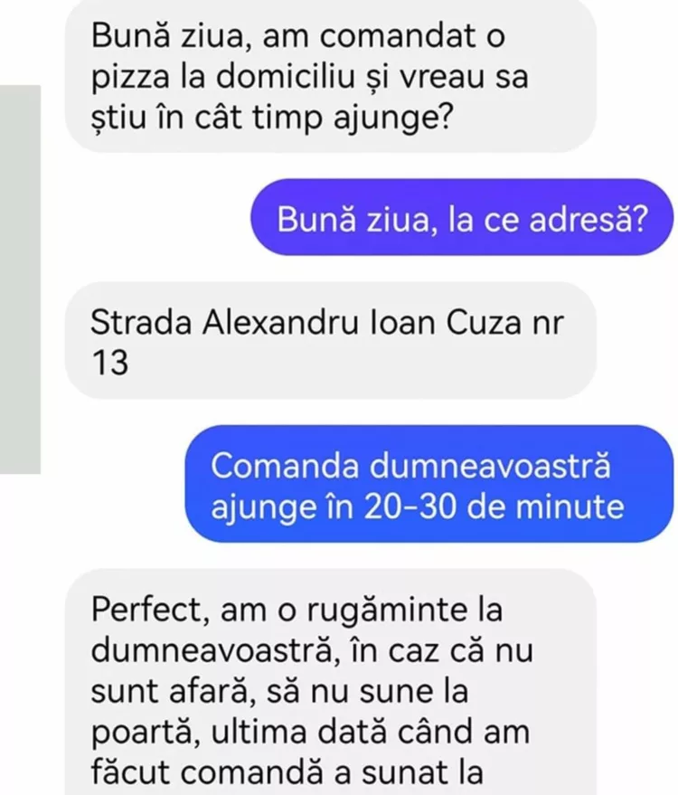 Buna ziua. Am comandat o pizza la domiciliu si vreau sa stiu in cat timp ajunge.