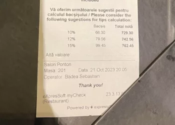 Cât a dat o bucureșteancă pe o sticlă de apă plată, la Taverna Racilor din Herăstrău. Nota totală a fost de 663 de lei