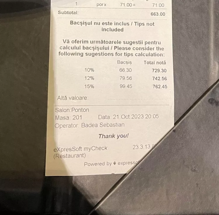 Cât a dat o bucureșteancă pe o sticlă de apă plată, la Taverna Racilor din Herăstrău. Nota totală a fost de 663 de lei
