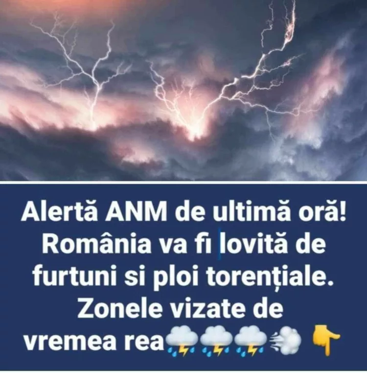 Alertă meteo de ultimă oră! ANM anunță că România va fi lovită de furtuni si ploi torențiale. Zonele vizate de vremea rea