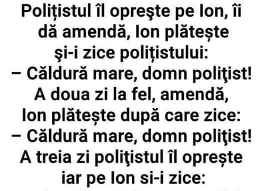 Polițistul în oprește pe Ion, îi dă amendă, Ion plătește și-i zice polițistului