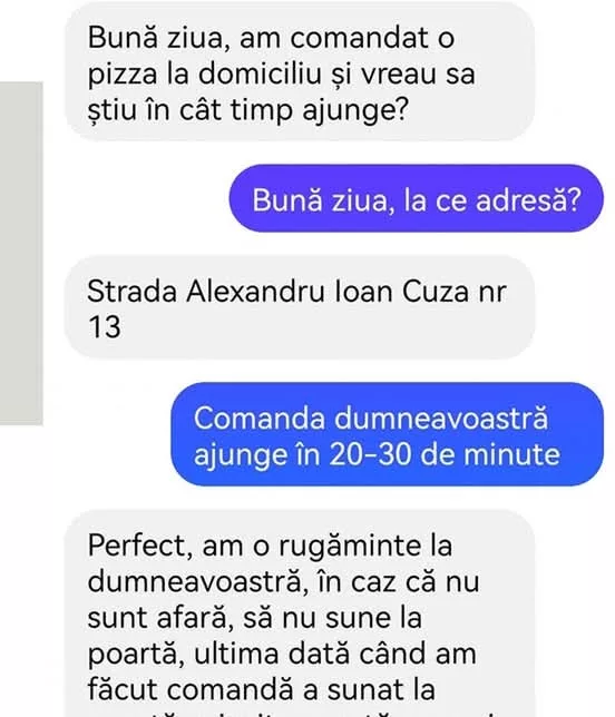 Buna ziua. Am comandat o pizza la domiciliu si vreau sa stiu in cat timp ajunge.